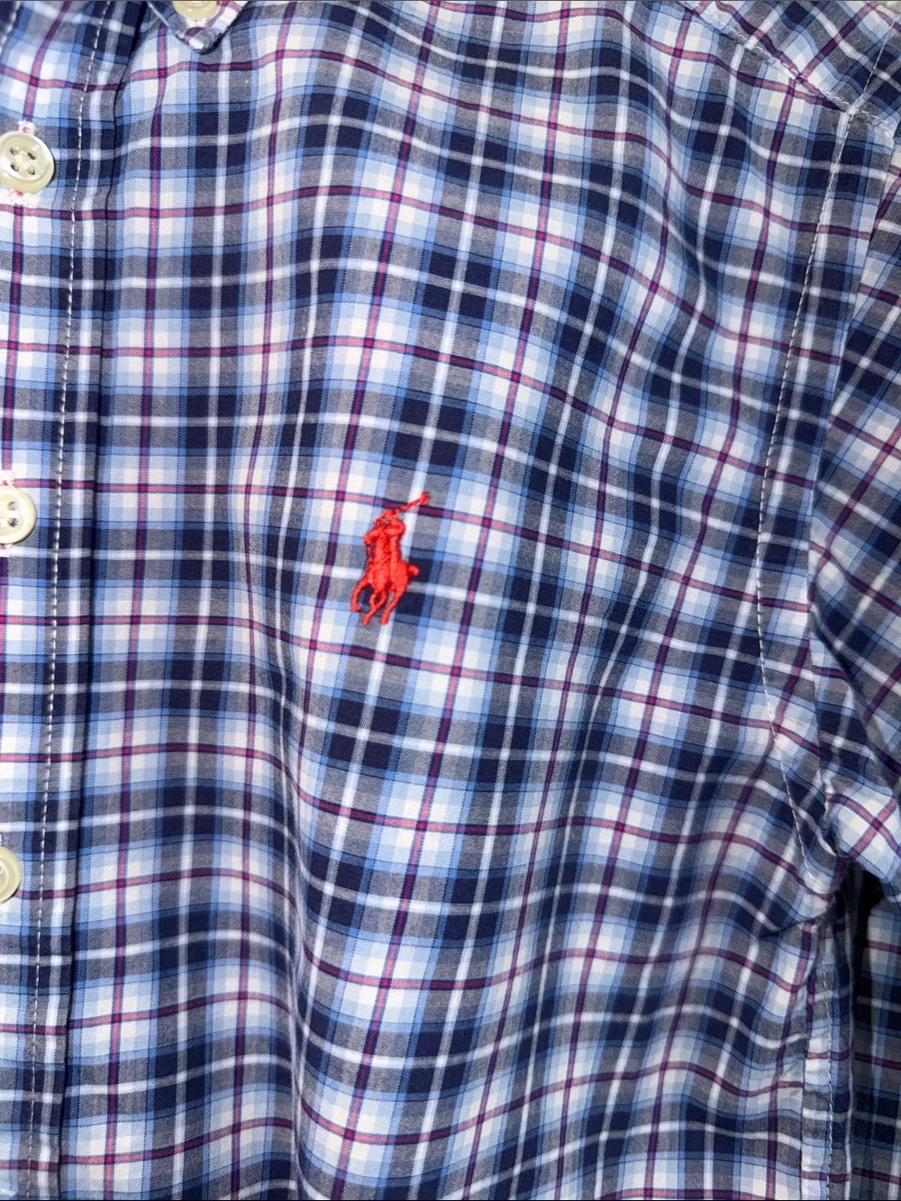 Ralph Lauren Blue and White Plaid Button-Down Shirt with Red Pony